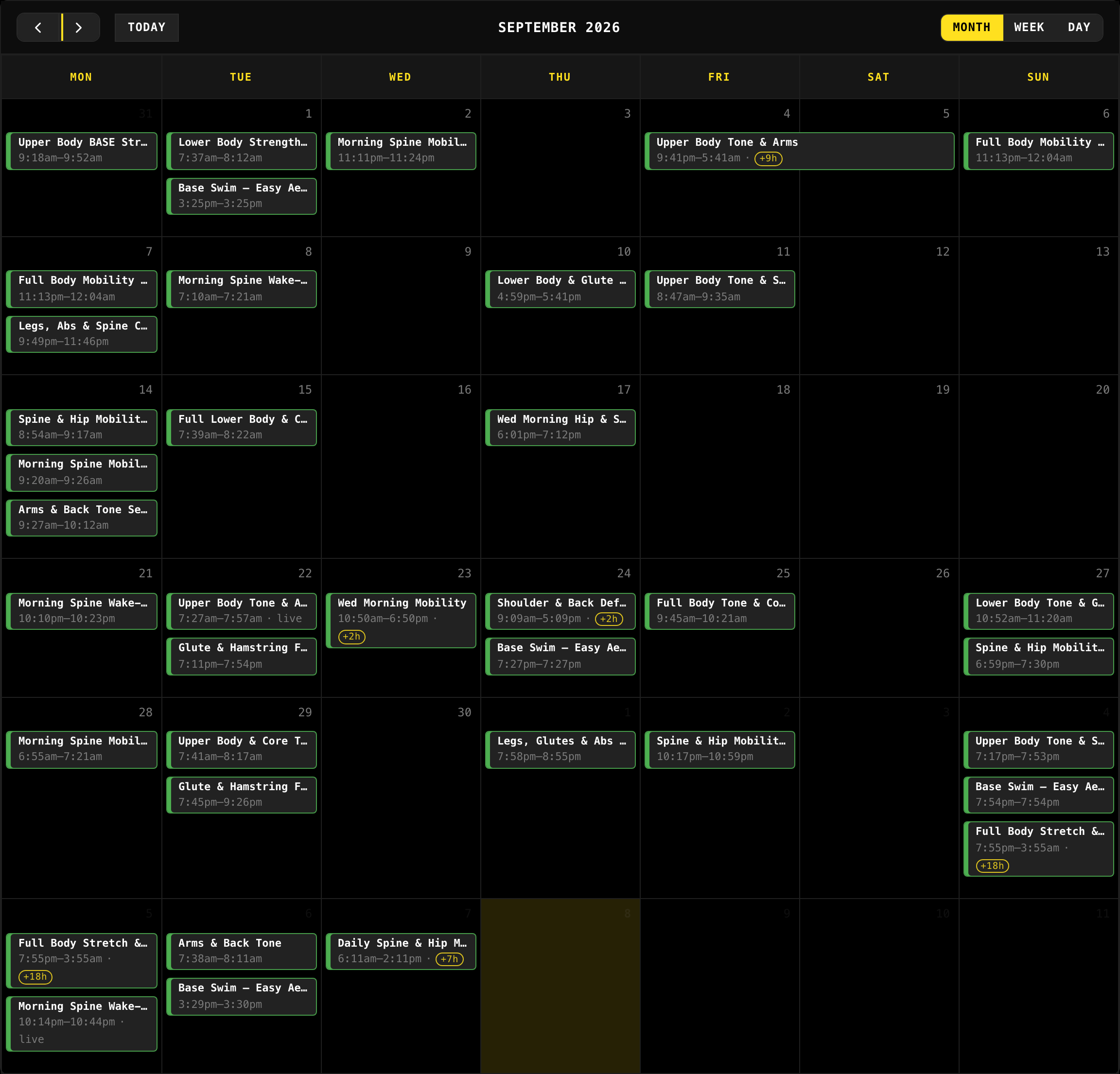 Screenshot of the GymWasp training calendar showing a month of an athlete's planned and completed sessions