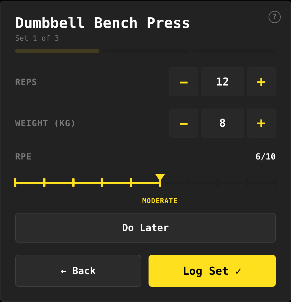 Screenshot of GymWasp workout logging showing a dumbbell bench press set with reps, weight and effort
